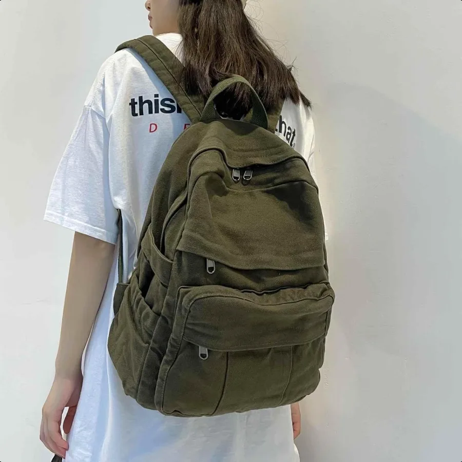 Mochila militar de lona verde para mulheres homens retro estética mochila básica para estudantes universitários do ensino médio viagem la