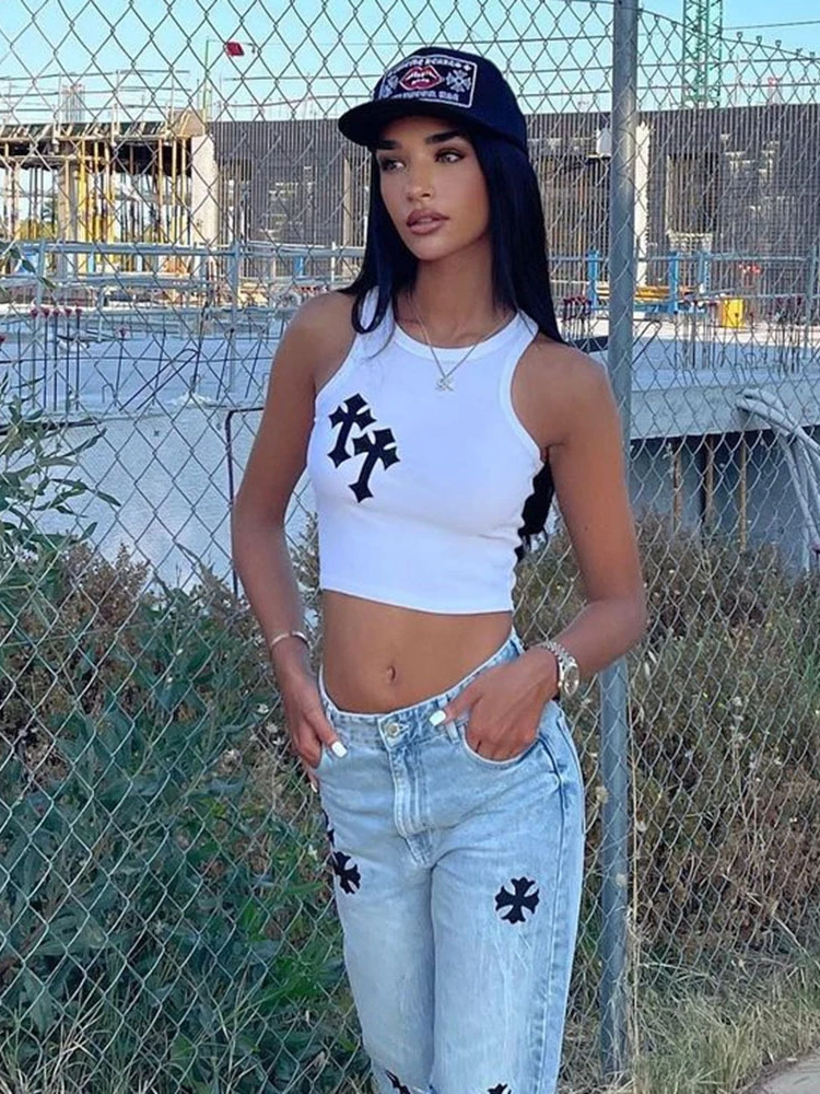 HOUZHOU Summer Tank Tops Women Bodycon Sleeveles High Street Gothic Harajuku Short Top Y2k Vintage Streetwear Women Fashion