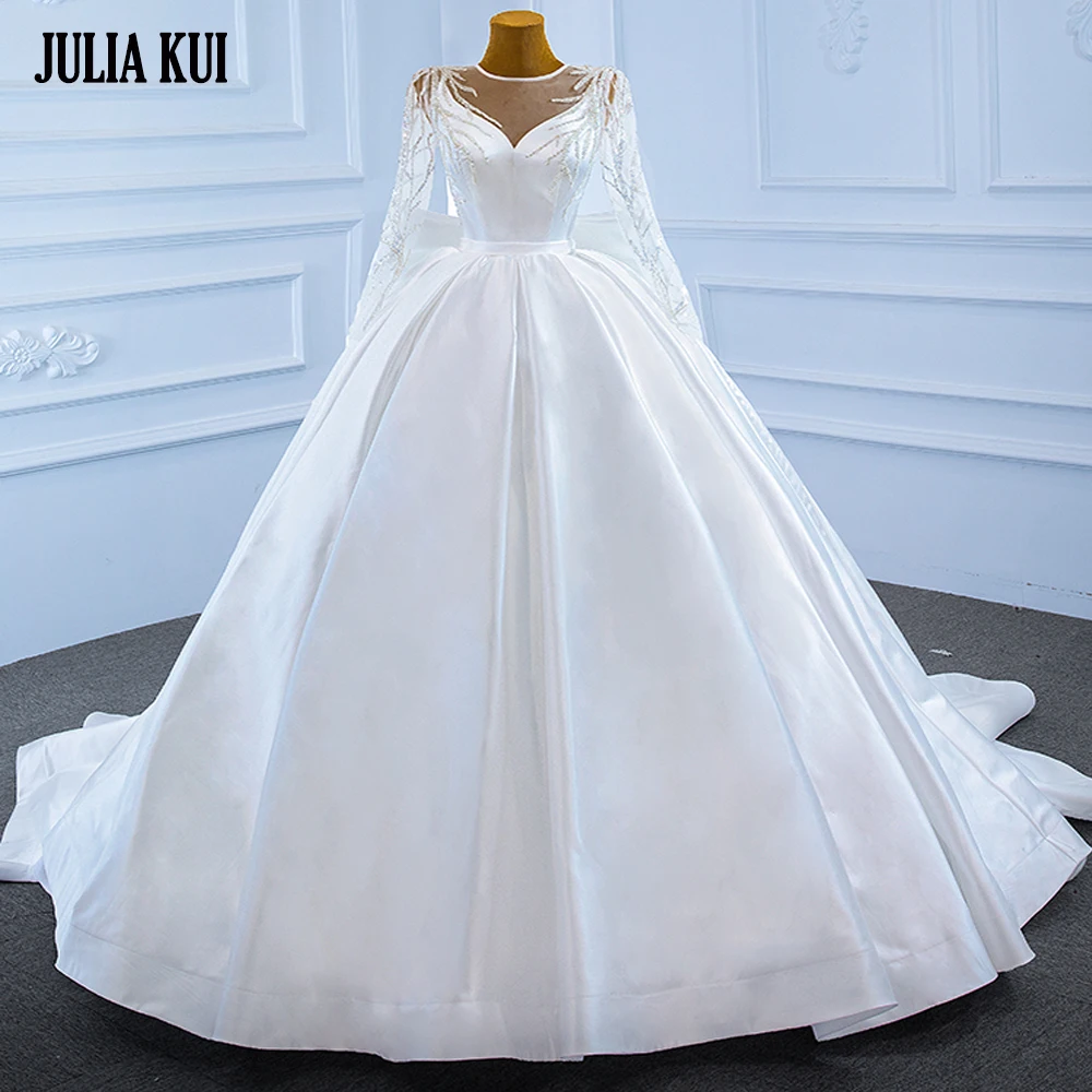 

Julia Kui Customize Made Illusion Neck Of Delicate Satin Ball Gown Wedding Dresses With Full Sleeve Beautiful Corset Bow