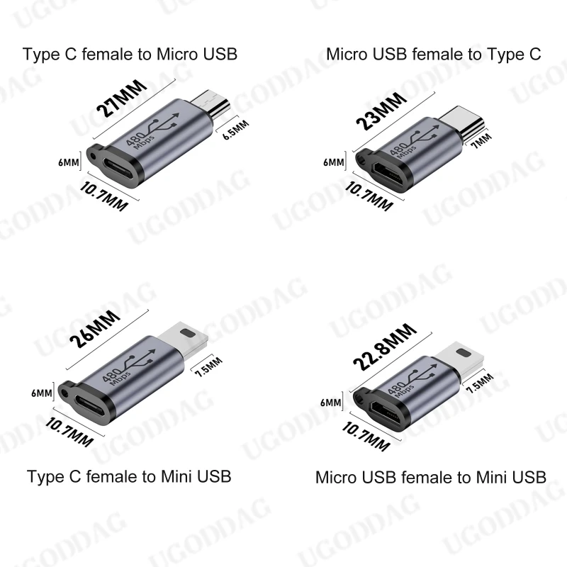 Type C Female to Micro USB/TypeC Female to Mini USB/Micro USB Female to Type C/Micro USB Female-to Mini USB Connector Adapter