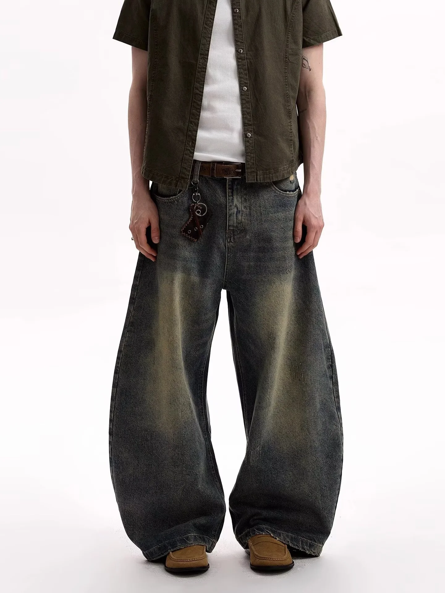 

Retro American Mud Dyeing Bent Knife Jeans Men Women Baggy Wide Leg Straight Casual Slimming Long Pants Casual Jeans