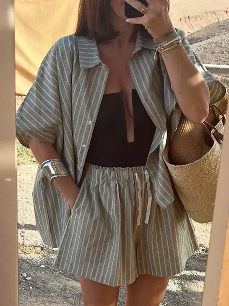 

Casual Striped Lace Up Women Shorts Suits Lapel Half Sleeve Single Breasted Shirt Wide Leg Shorts 2025 Summer New Chic Lady Sets