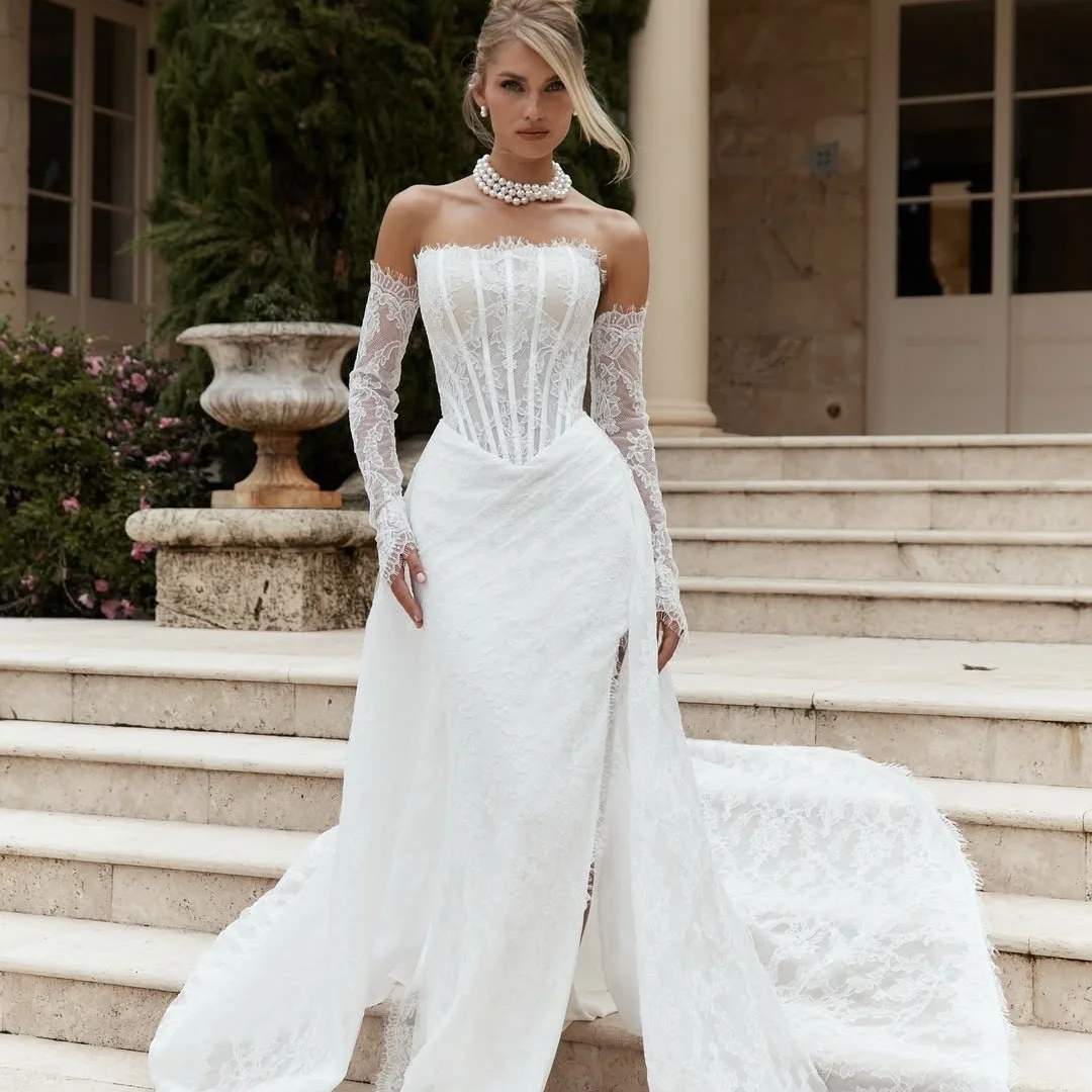 Sansa op maat gemaakte witte strapless mouwen feestjurk trailing kanten galajurk rugloze mesh stof vloerlengte avondjurken