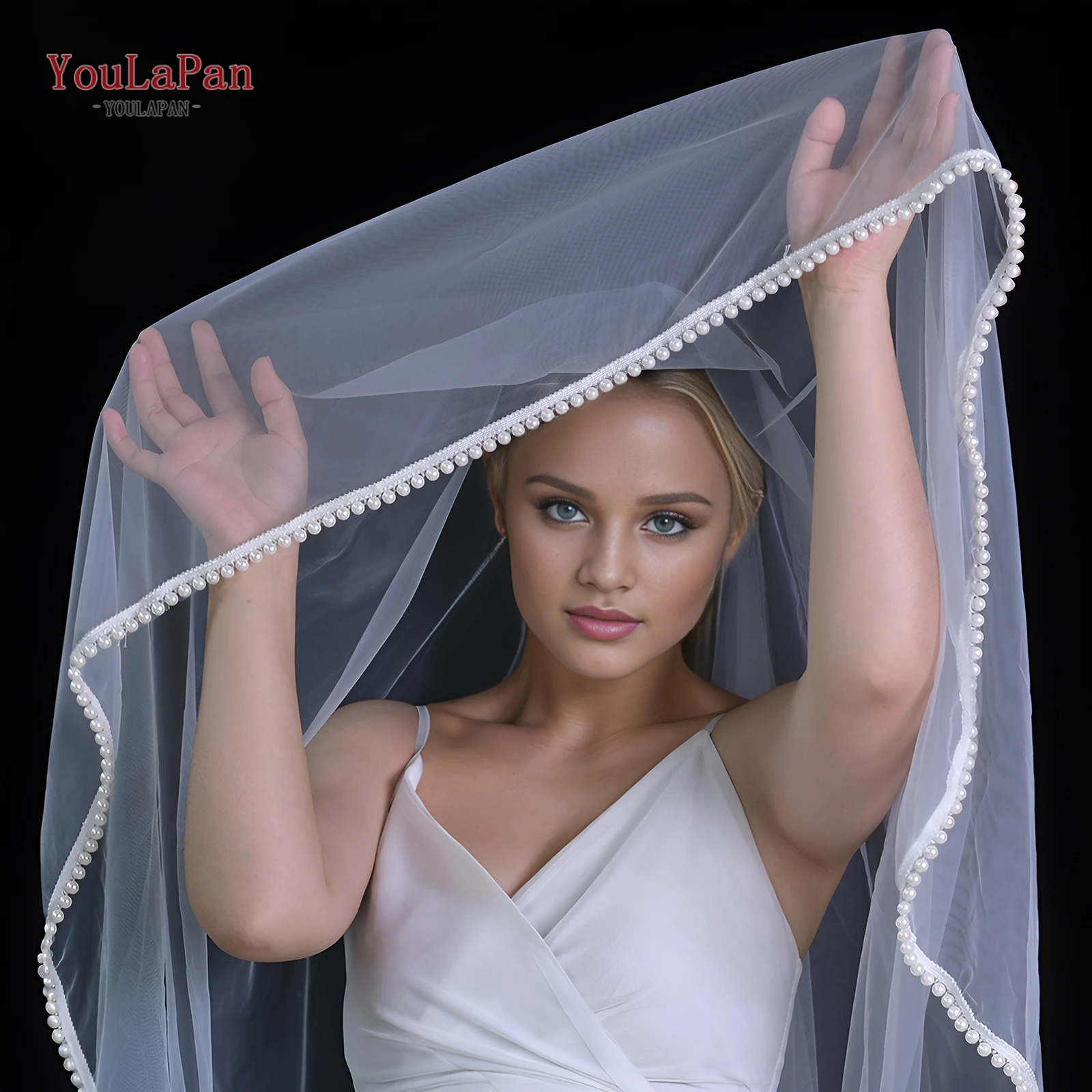 YouLaPan V124 Bridal Veil with Blusher 2 tiers Pearl Edge Weddin Veil Cover Face Wedding Decoration for Bride Fascinator Fan Veu