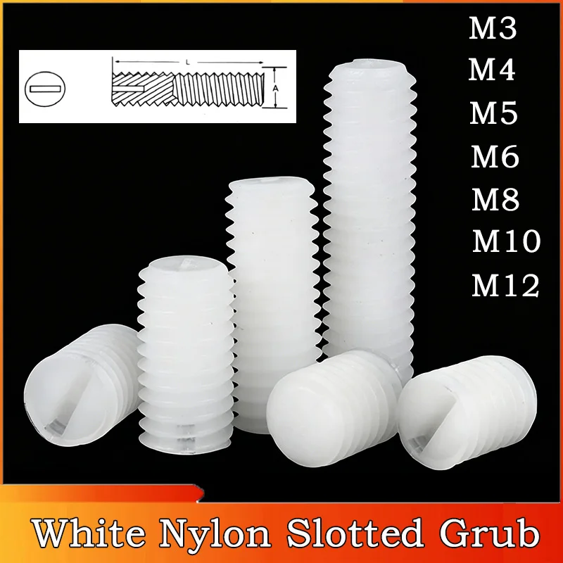 

M3 M4 M5 M6 M8 M10 White Nylon Slotted Grub Bolt Screw Plastic Thread Flat Head Metric Headless Slotted Bolt White Set