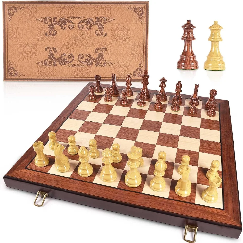 

20'' x 20'' Wooden Chess Set with High Polymer Weighted Chess Pieces / 3.75'' King / 2 Extra Queens/Larger Size Folding Board