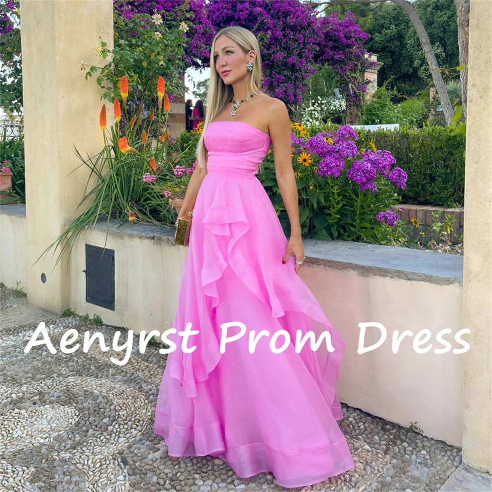 Aenyrst Roze Strapless A Line Avondjurken Voor Vrouwen Orangza Galajurken Vloerlengte Etentje Jurk Long فساتين السهرة ة