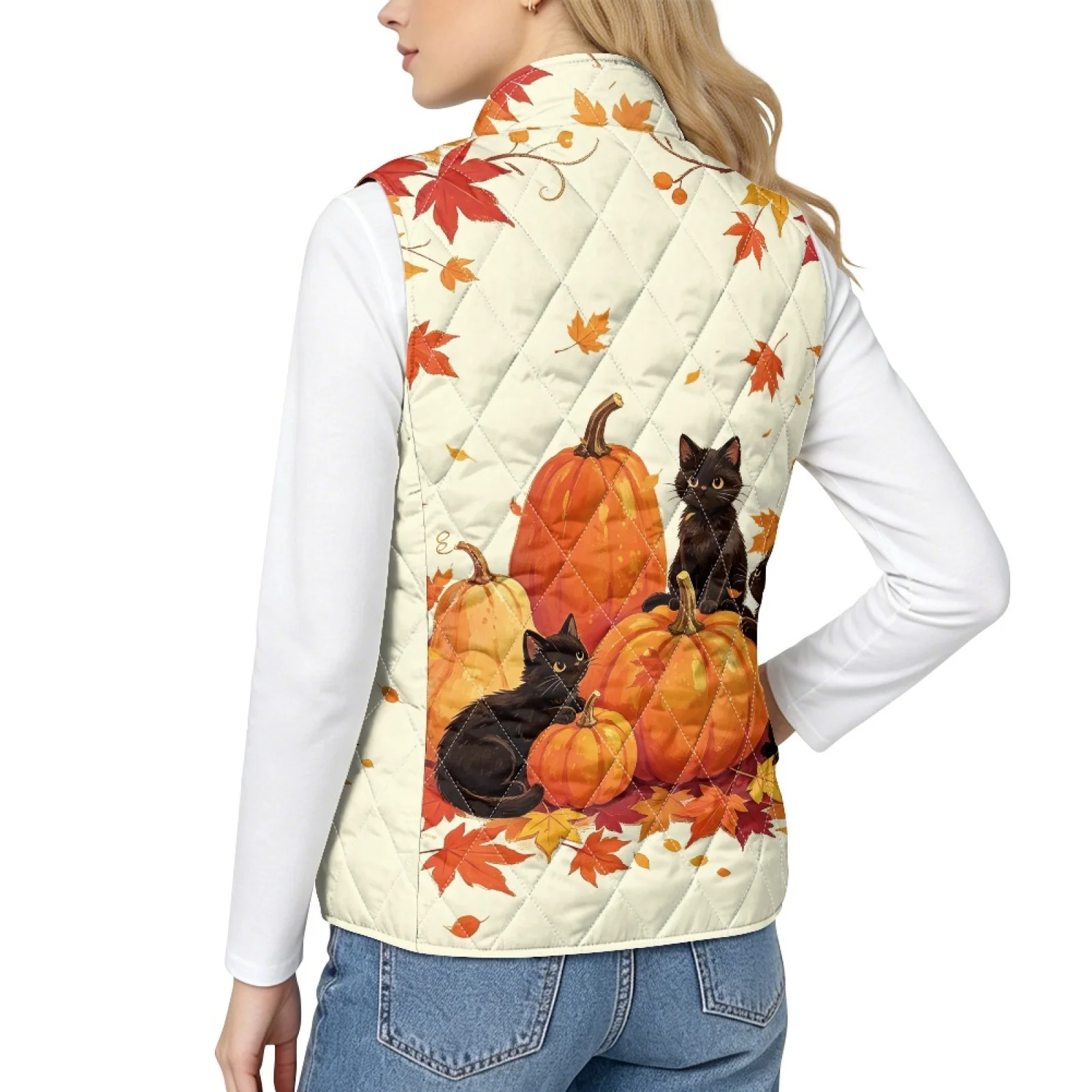 PENSTROLL Pumpkin Maple Cat Quilted Jacket Vest for Women with Pockets Women's Vest Zip up Diamond Pattern Vest for Winter