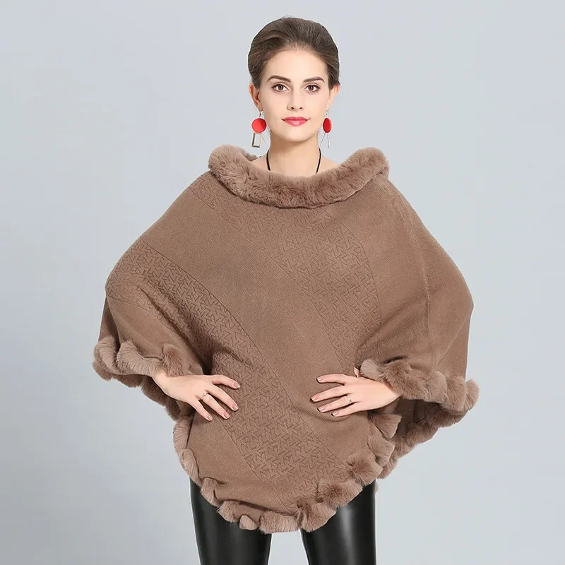 9 Colors Fashion Women Warm Winter Jacquard Weave Poncho Cloak Faux Cashmere O Neck Cape String Fur Triangle Knitted Streetwear