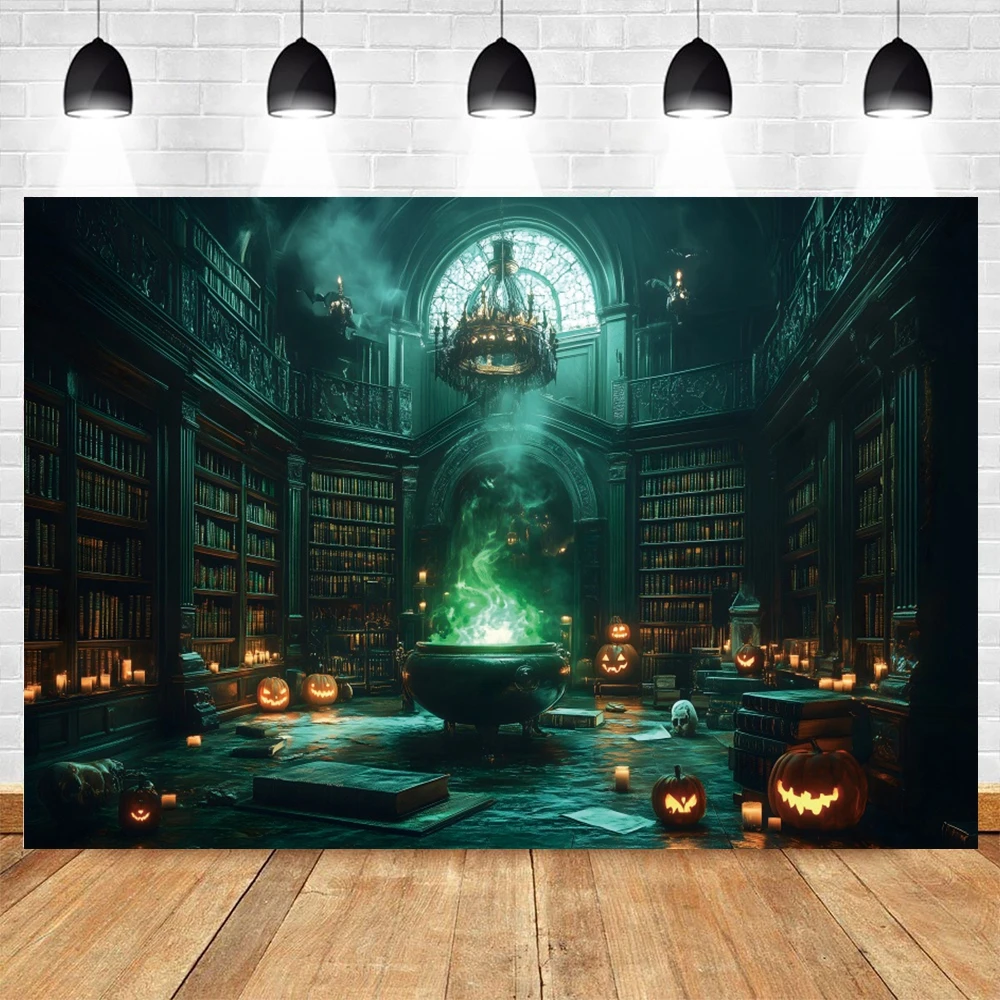 Halloween Photography Backdrop Witch Magic Cauldron Bookshelf in Spooky Room Party Decoration Photo Background Studio Booth Prop