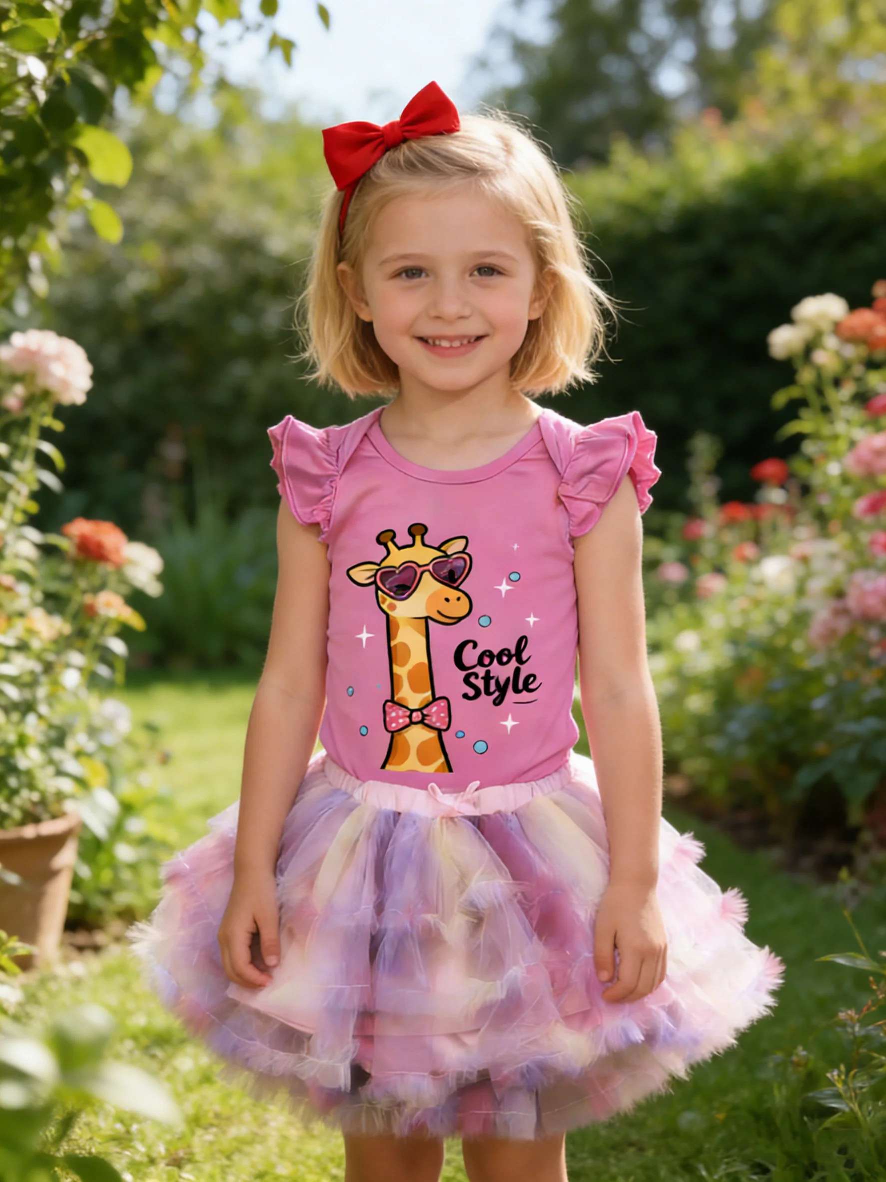 Pink Ruffled-Sleeve Set: Sunglasses Giraffe & Fluffy Skirt, Cute & Trendy