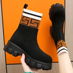 2022 Autumn Winter New Couple Socks Shoes Women Thick-soled Casual Large Size Net Black Knitted Short Boots Women Botas De Mujer