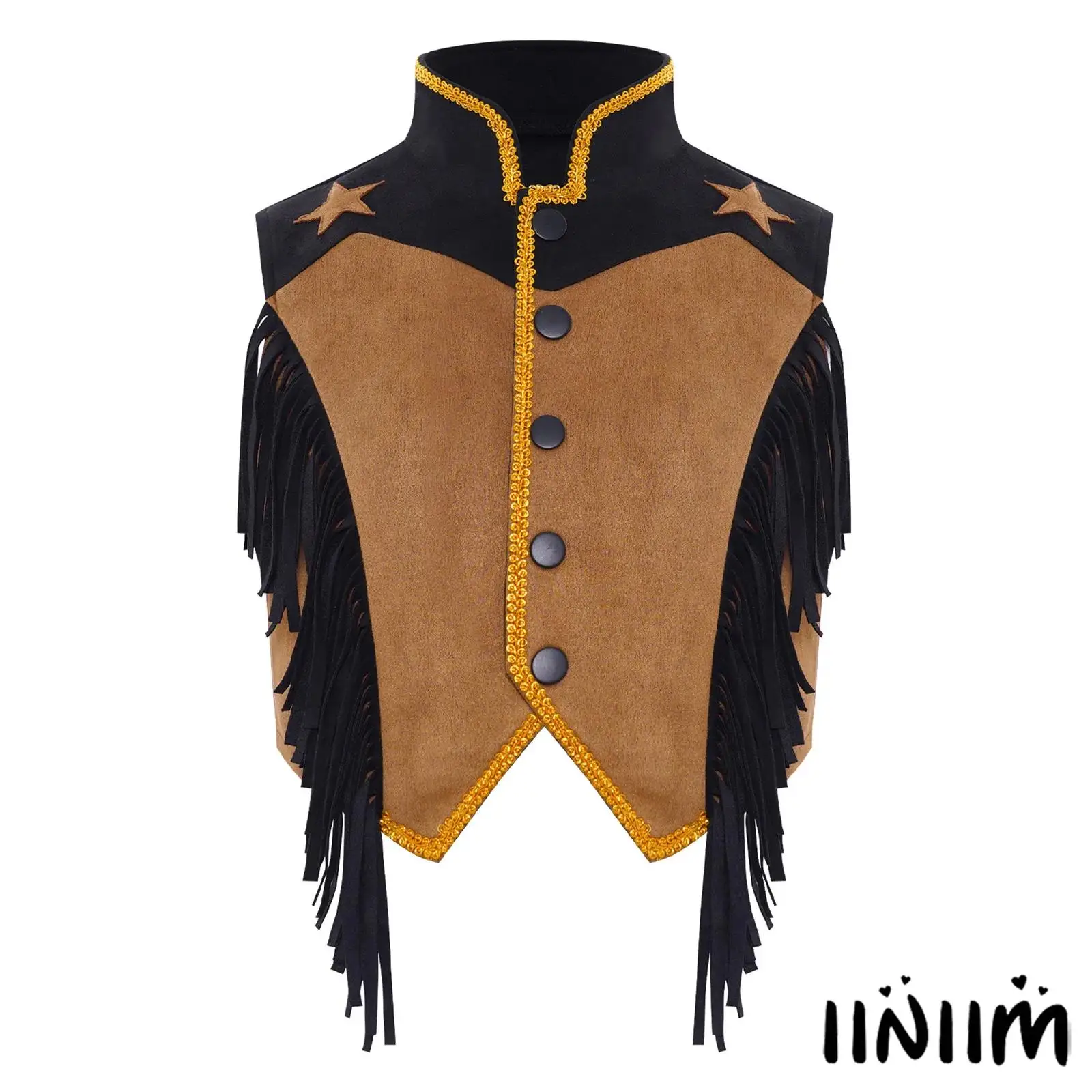 

Unisex Cowgirl Themed Costume Color Block Vest with Gold Fringe Press Button Design Ideal for Cosplay Halloween And Regular Wear