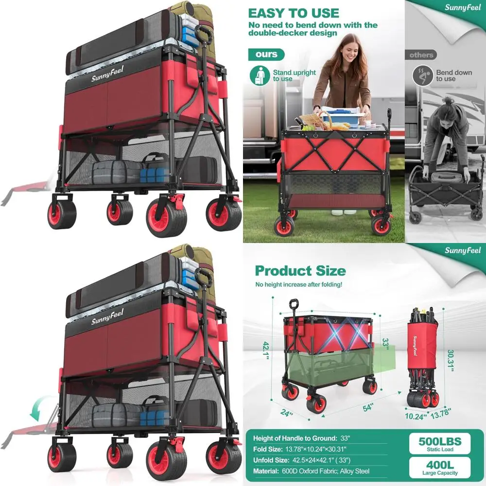 

Durable Red Double Deck Folding Utility Cart with 500lb Capacity and Adjustable Handle for Outdoor Use