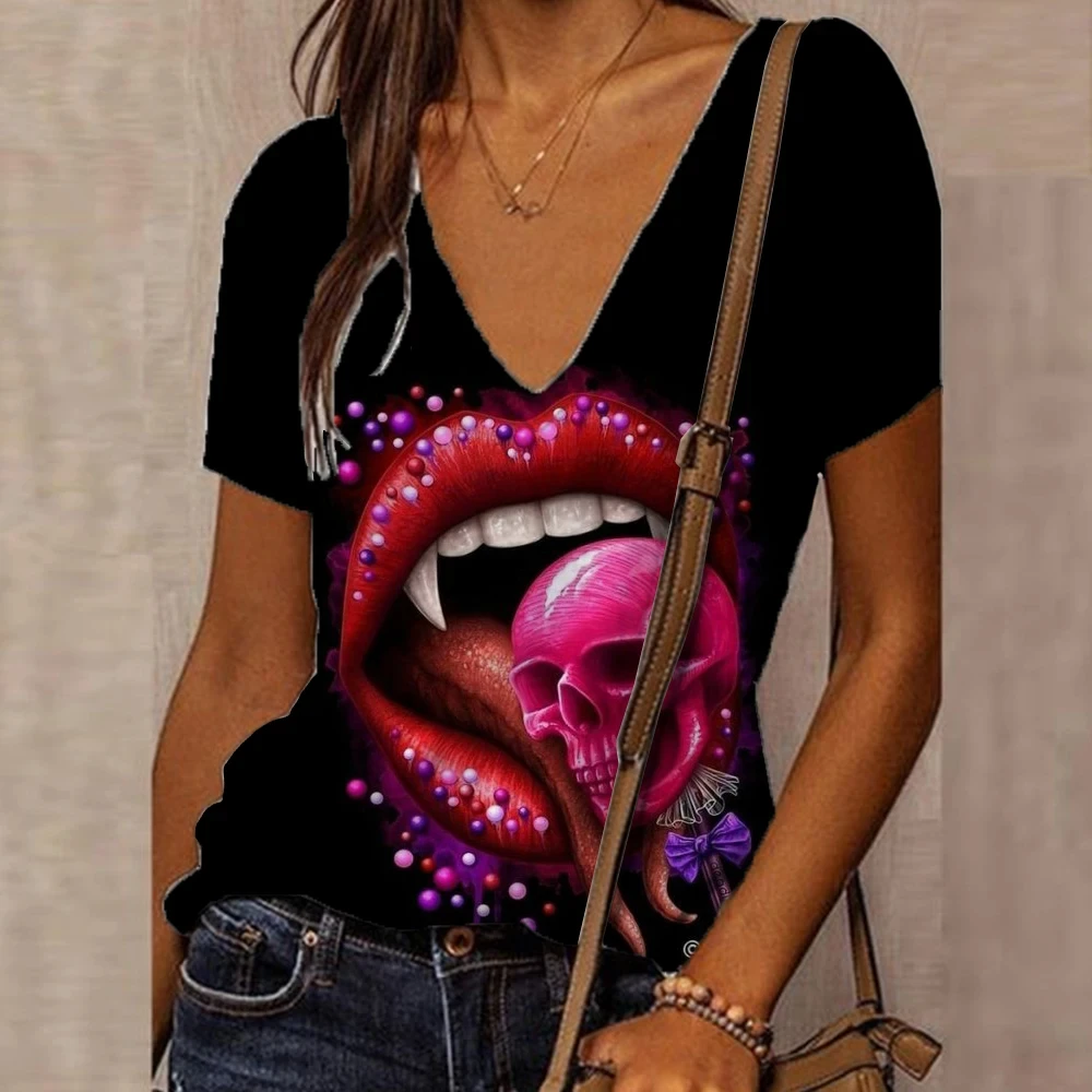 

Женская футболка с 3D цветочным принтом черепа, крутая уличная футболка с v-образным вырезом и короткими рукавами, одежда больших размеров, повседневные топы, лето 2024