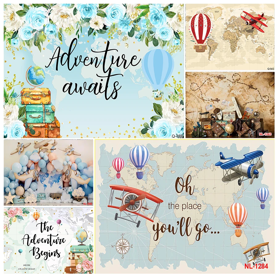 Adventure Begins Travel Backdrop Baby Shower Party Boy Around World Adventure Awaits Airplane Birthday Bridal Shower