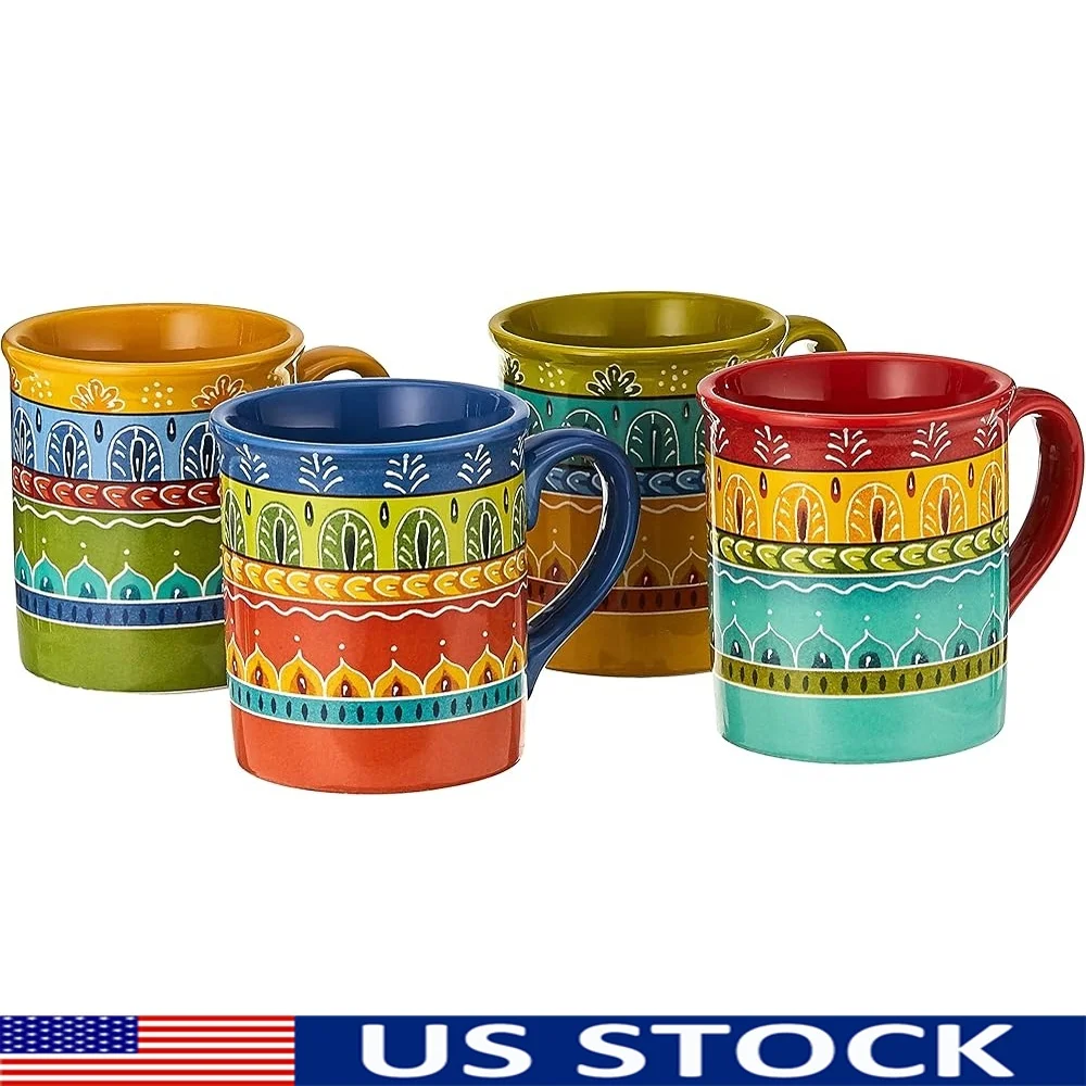 

Set of 4 Colorful Ceramic Coffee Mugs 16 oz Bold Patterns Microwave Dishwasher Safe Ideal Coffee Tea Cocoa Brunch Gift