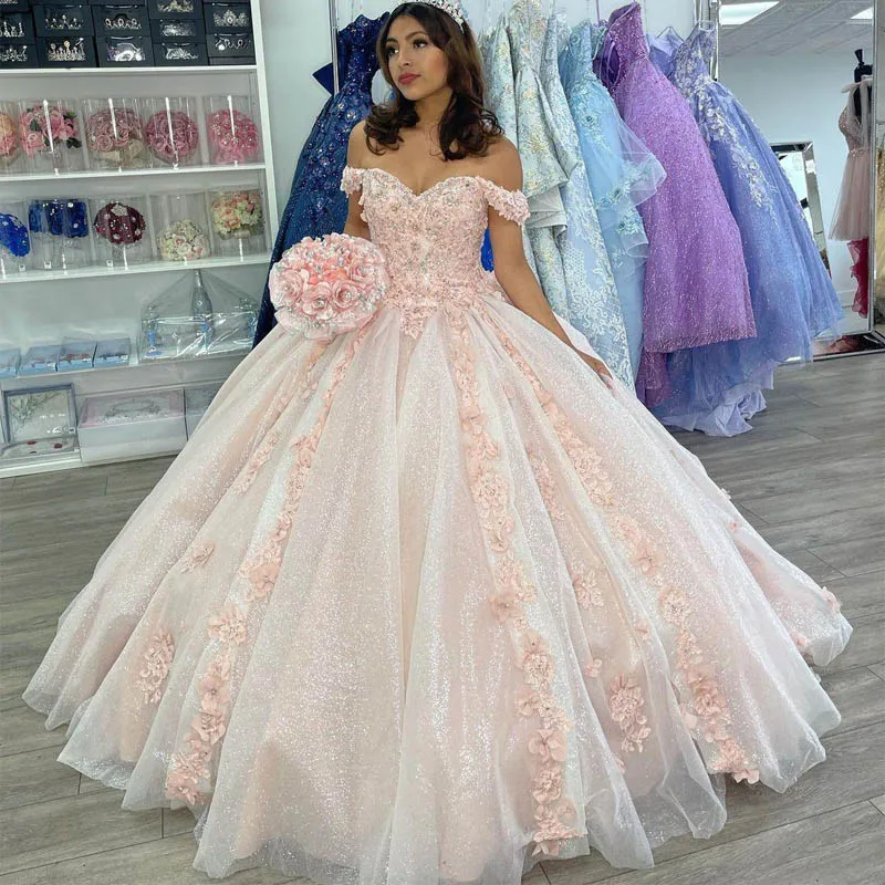 

Angelsbridep 2023 Light Pink Ball Gown Quinceanera Dress Vestidos De 15 Años Sweetheart Tulle 3D Flowers Girls Party Dresses