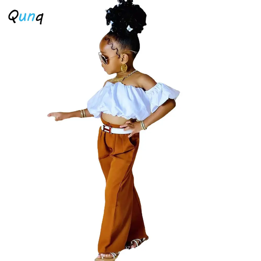 Qunq 2023 Summer Girls Off-The-Shoulder Pleated Bubble Sleeve Crop Top+Straight Pants 2 Pieces Set Casual Kids Clothes Age 3T-8T