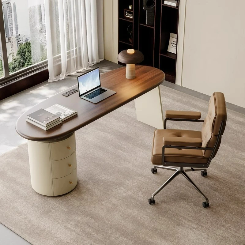 Retro Style Book Table And Chair Combination Walnut Solid Wood With Cabinet High-end Light Luxury Computer Desk Medical Beauty C