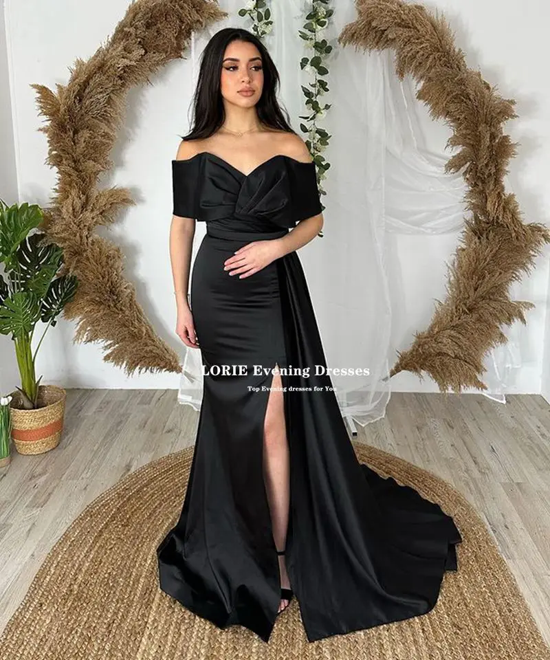 LORIE Black Satin Mermaid Evening Dresses Off The Shoulder Sleeves Leg Slit Formal Prom Party Beauty Pageant Dresses Back Train