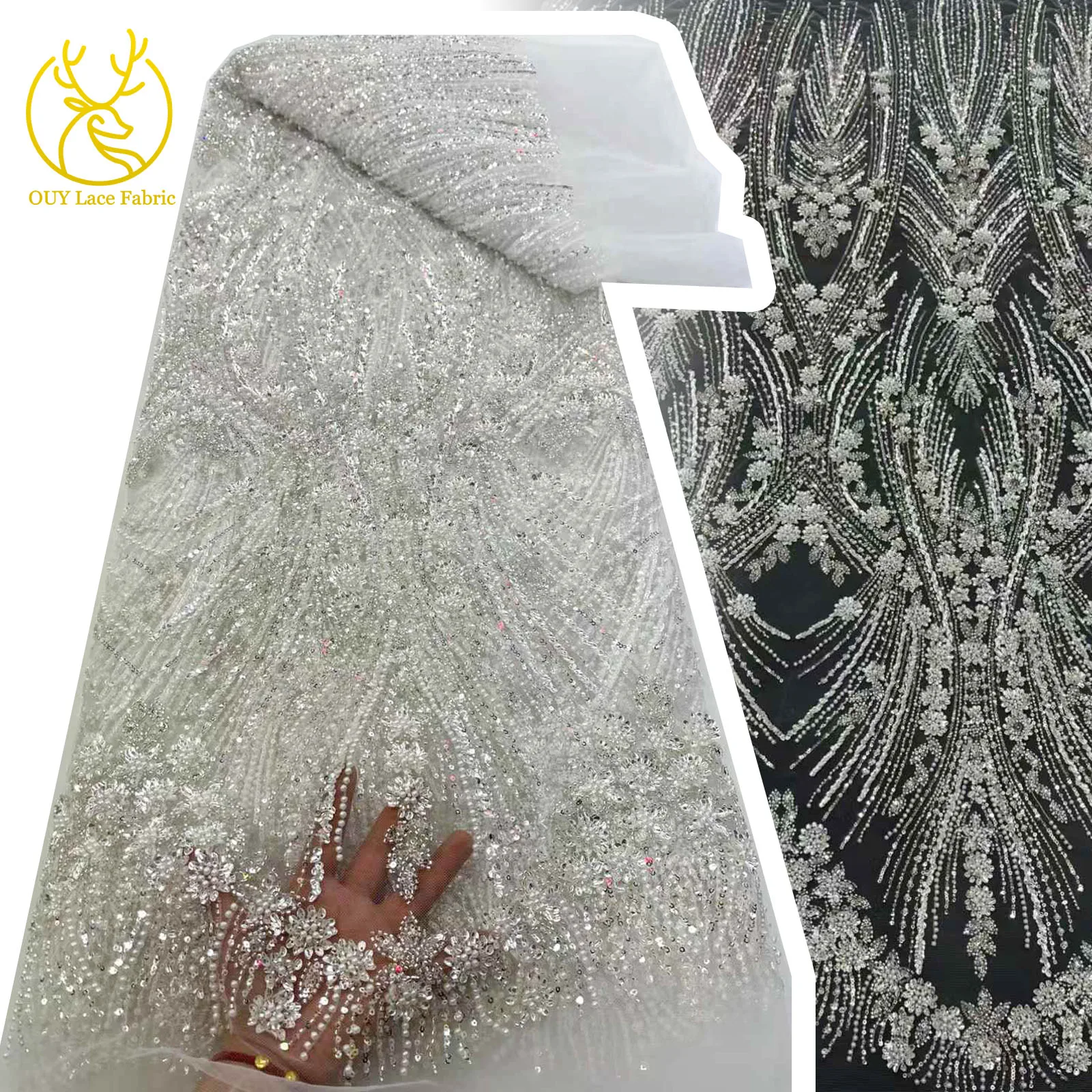 

White African Beaded Lace Bridal Fabric 2025 High Quality French Bridal Nigerian Sequins Tulle Lace Fabric Wedding Party Dresses