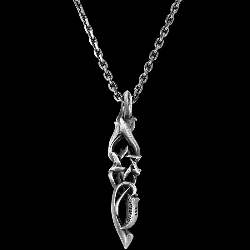Pappas Vintage Thai Silver Men's Necklace, Original Design Hexagram Thorn Pendant Long Sweater Chain Fashion Personalized Male J