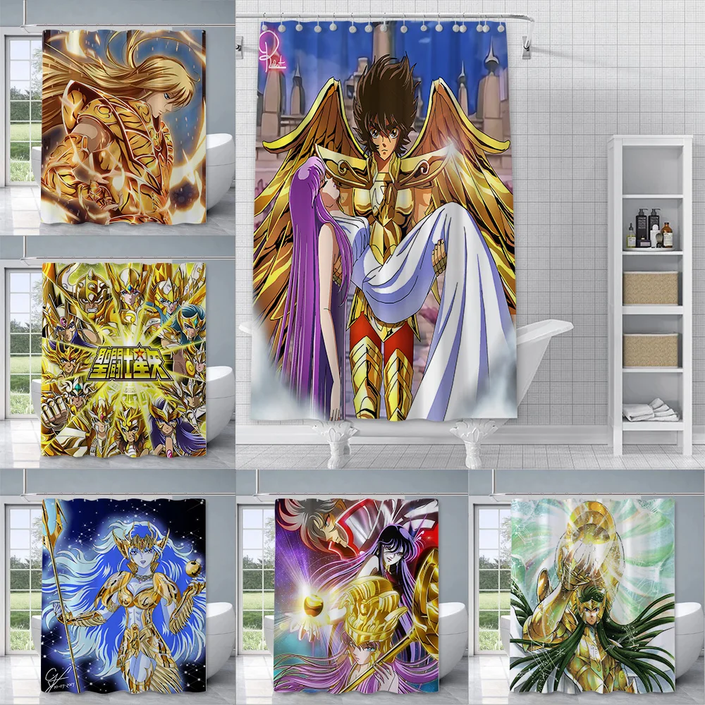 

3D Retro Saint Seiya Golden Shower Curtain Waterproof Polyester Fabric Paint Bath Curtains Home Bathroom Decor Curtain With Hook