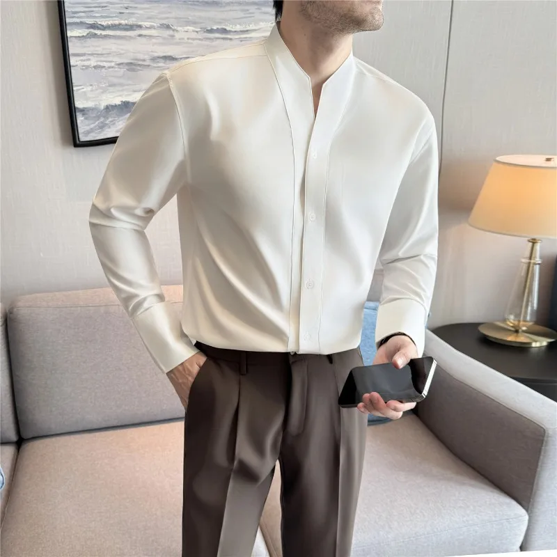 Camisa con cuello en V para hombre, estilo británico, antiarrugas, suave, liso, informal, elástico, ajustado, Top, vestido de manga larga, camisa, ropa de moda para hombre