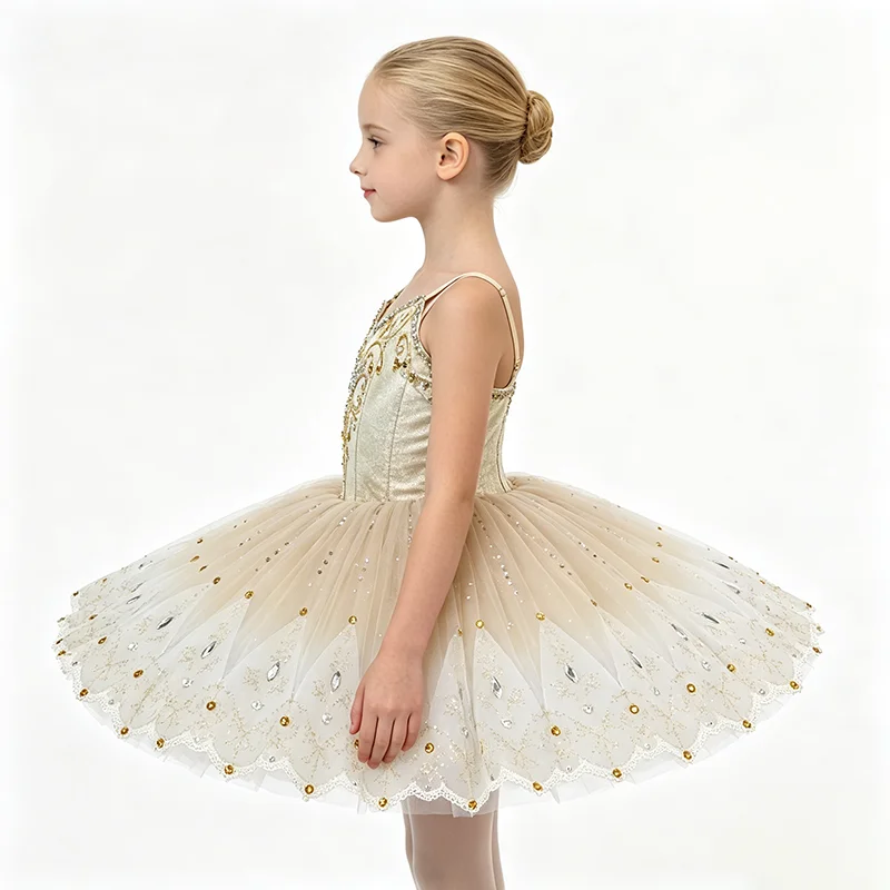 Womens Thin Strap V Neck Ballet Tutu Performance Dress Gold Silver Rhinestone Scroll Embroidery Wavy Lace Trim Cream Full Glitte