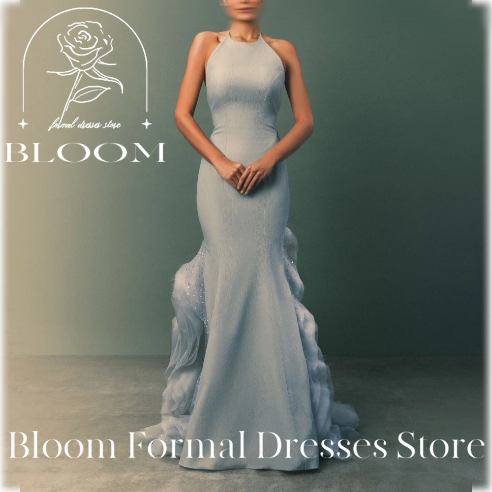 Bloom Customized Sleeveless Charming Sweep Train Sleeveless Halter Ruffles Elegant Party Evening Dresses Woman Lace up Back