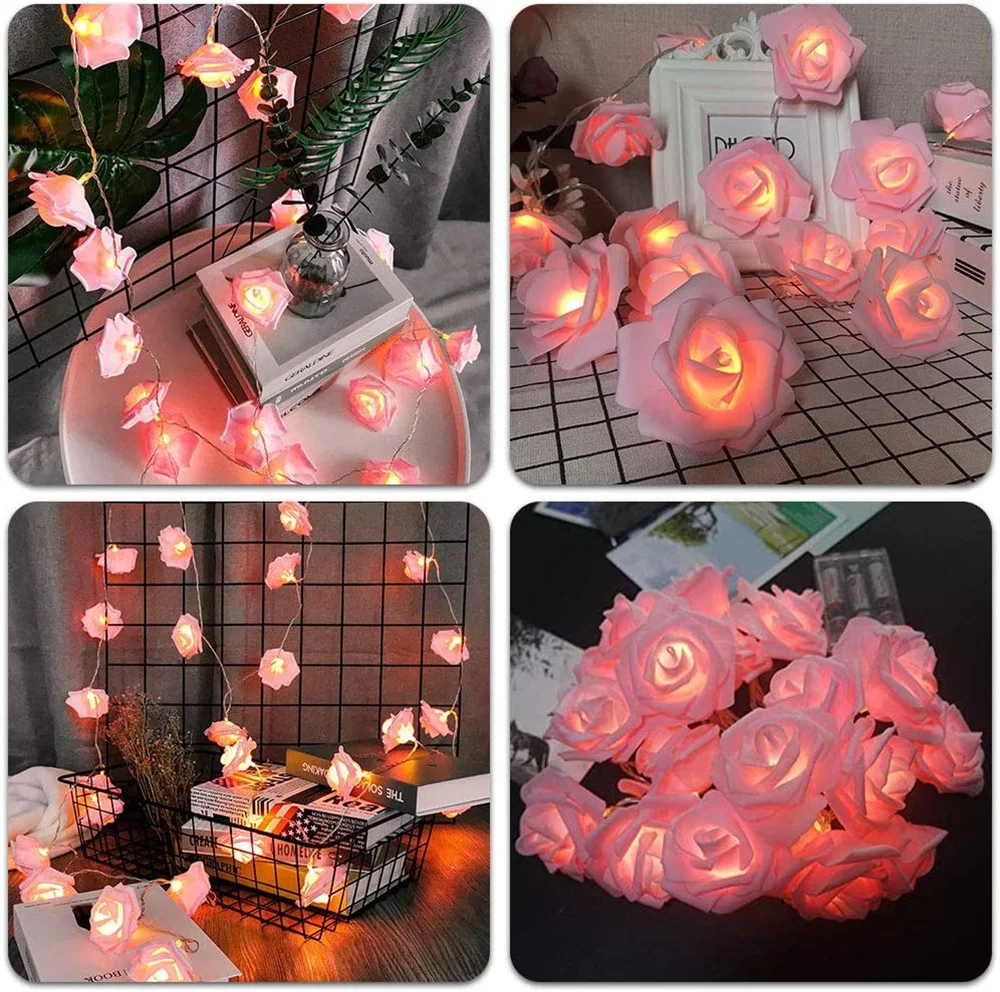 Battery Operated LED Rose Flower String Lights Romantic Artificial Flower Bouquet Garland Lights for Valentine Day Wedding Decor