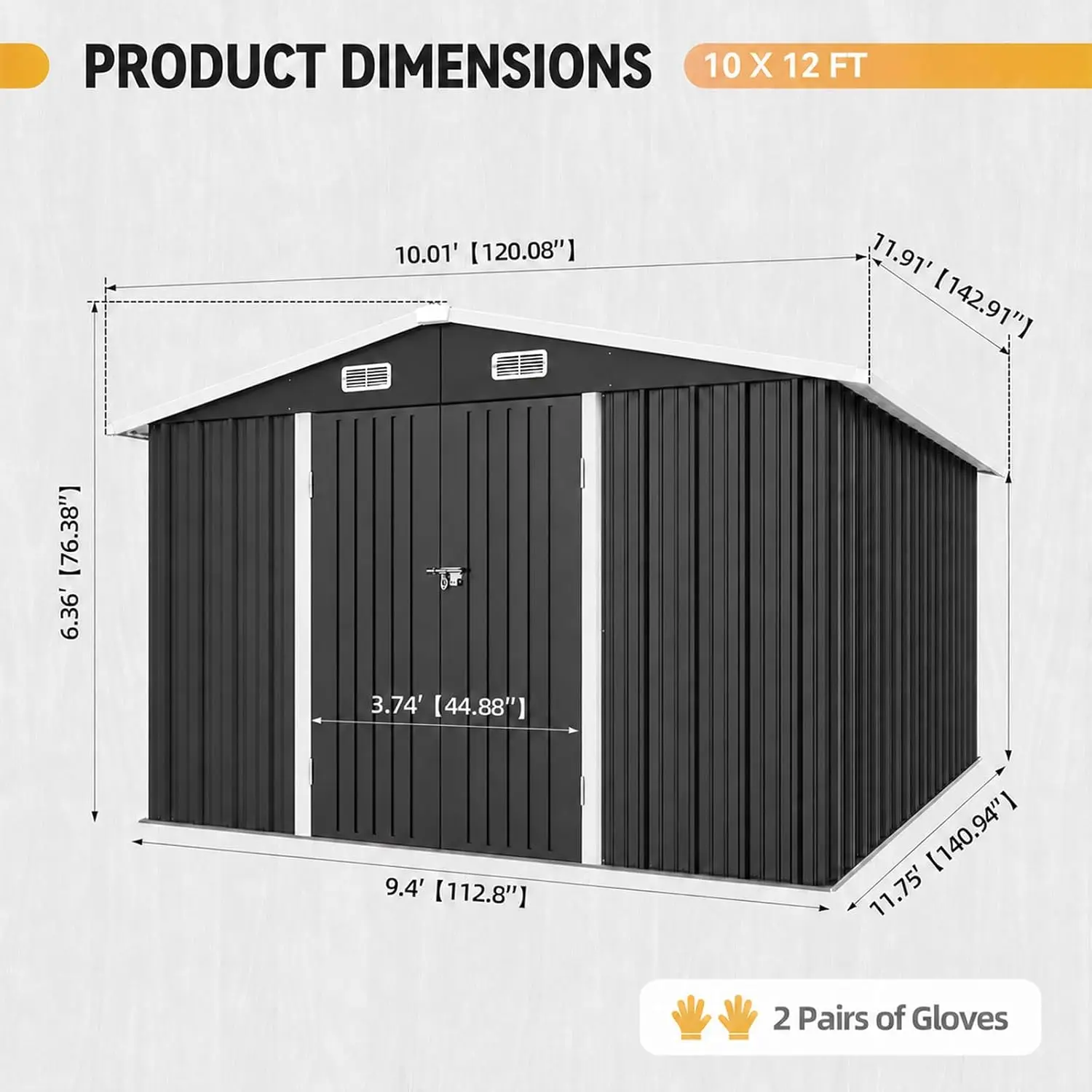 10x12FT Metal Outdoor Storage Shed with Floor, Galvanized Steel Garden Tool Shed, Black, Customized