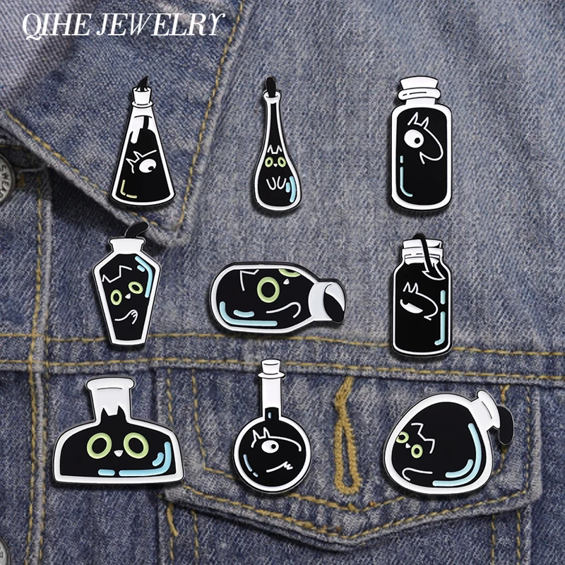 Cartoon Meow In A Bottle Emaille Pins Kreative Schwarze Flasche Tier Broschen Rucksack Revers Abzeichen Punk Schmuck Geschenk für Freunde