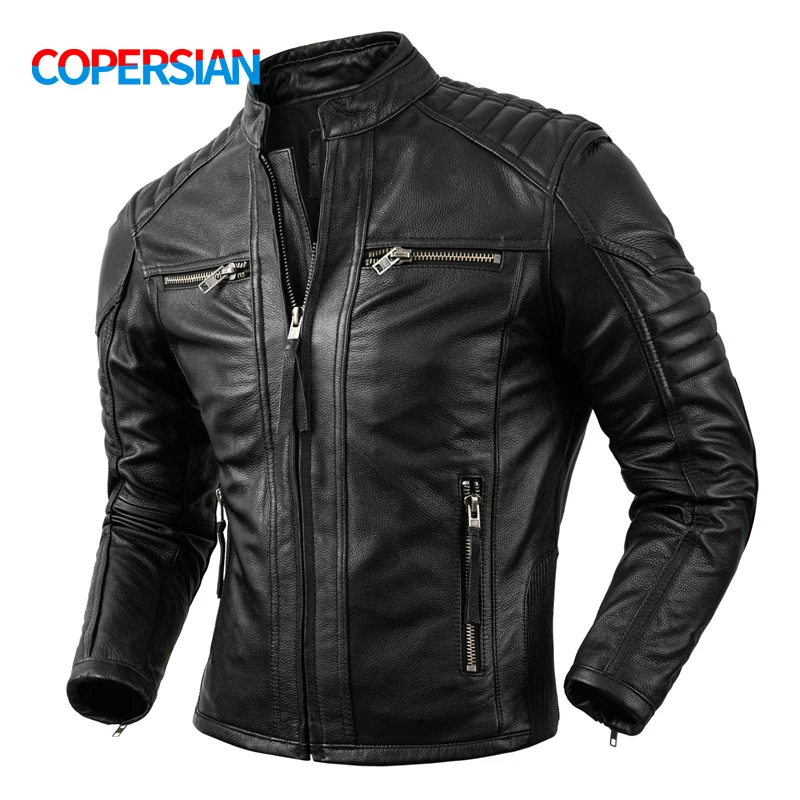 

2023 New Motorcycle Causal Vintage Leather Coat Men Autumn Outfit Fashion Biker Pocket Design Top Layer Cow Leather Jacket