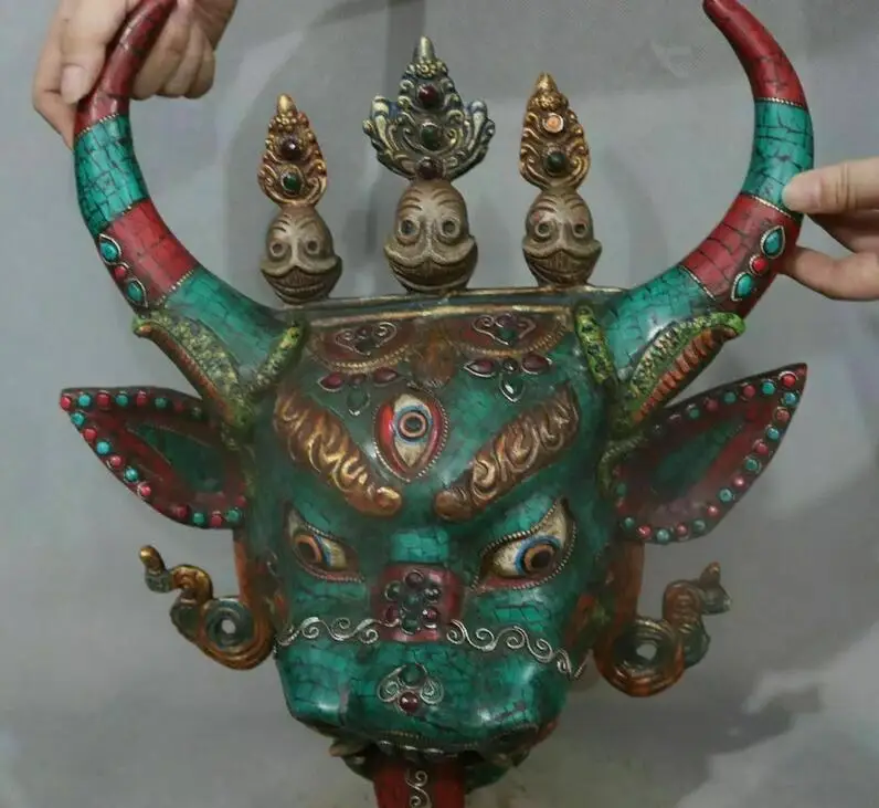 Tibet Turquoise Coral Gem Cattle Ox Yamantaka Buddha Head Wall Hanging Statue