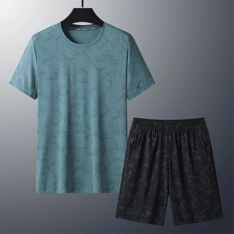 New Summer Ice Silk Short Sleeved Shorts Two-Piece Set Men'S Fashion Versatile Sweat Wicking And Breathable Casual Sports Suit