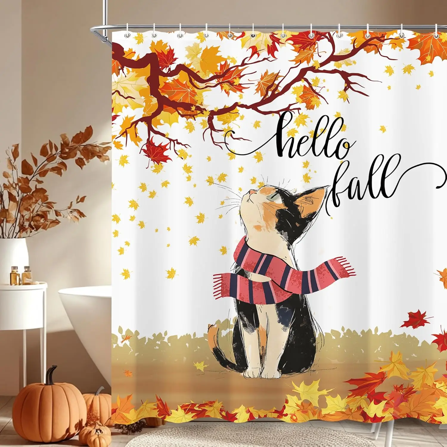 

Занавеска для душа с милым котом для ванной комнаты, осенние кленовые листья, осенняя занавеска для ванны с урожаем на День благодарения