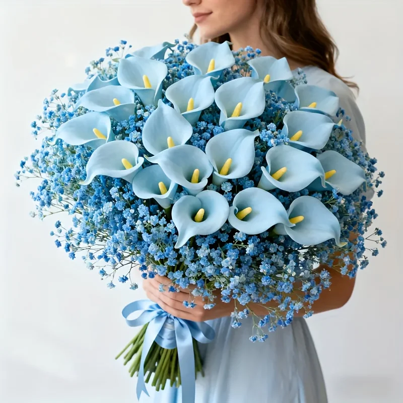 

USA 1 Set Of 16 Pieces Artificial Flower Bouquet Blue 'S Breath And Calla Lilies Wedding Anniversary Celebration Home Decoration