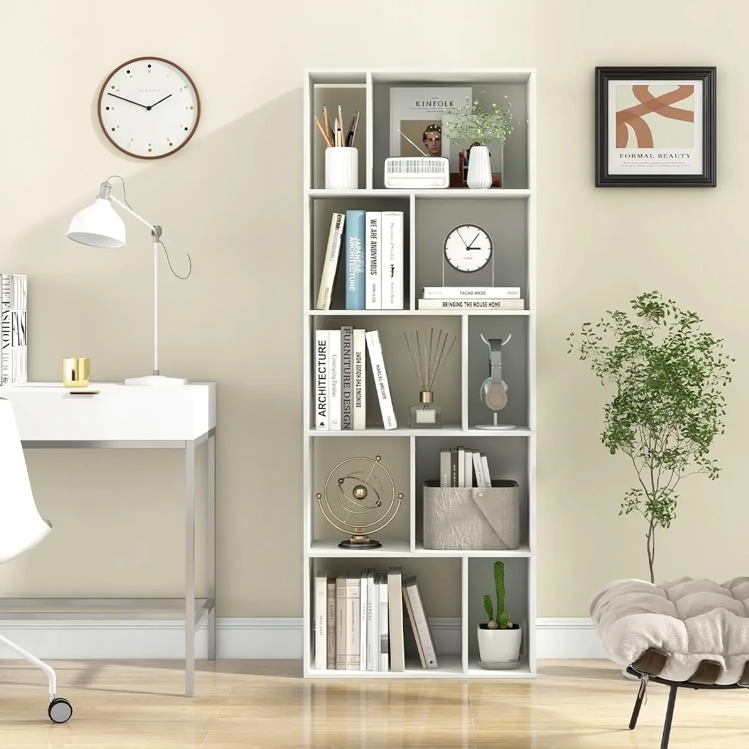Geometric Bookshelf Tall Bookcase 10 Cube Storage Organizer Freestanding Open Shelving Unit Display Rack for Living Room Study H