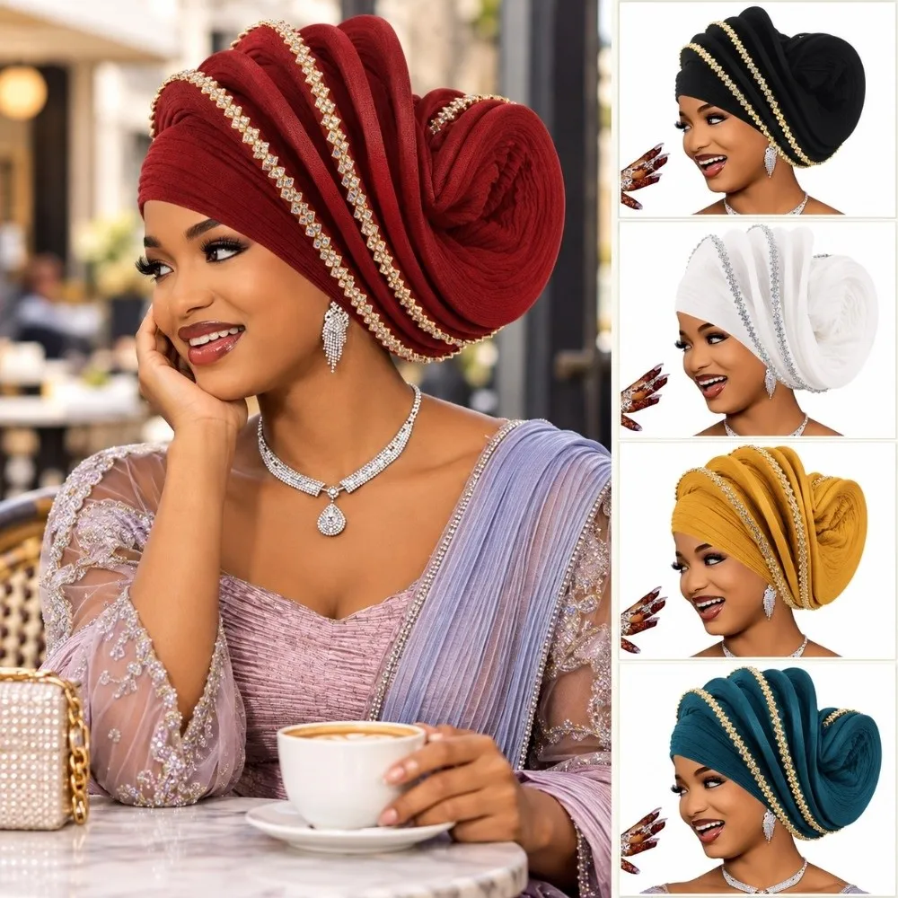 Elegant Rhinestone Decor Spiral Turban Sparkling Ethnic African Turban Cap Rhinestone Headpiece For Women Ladies
