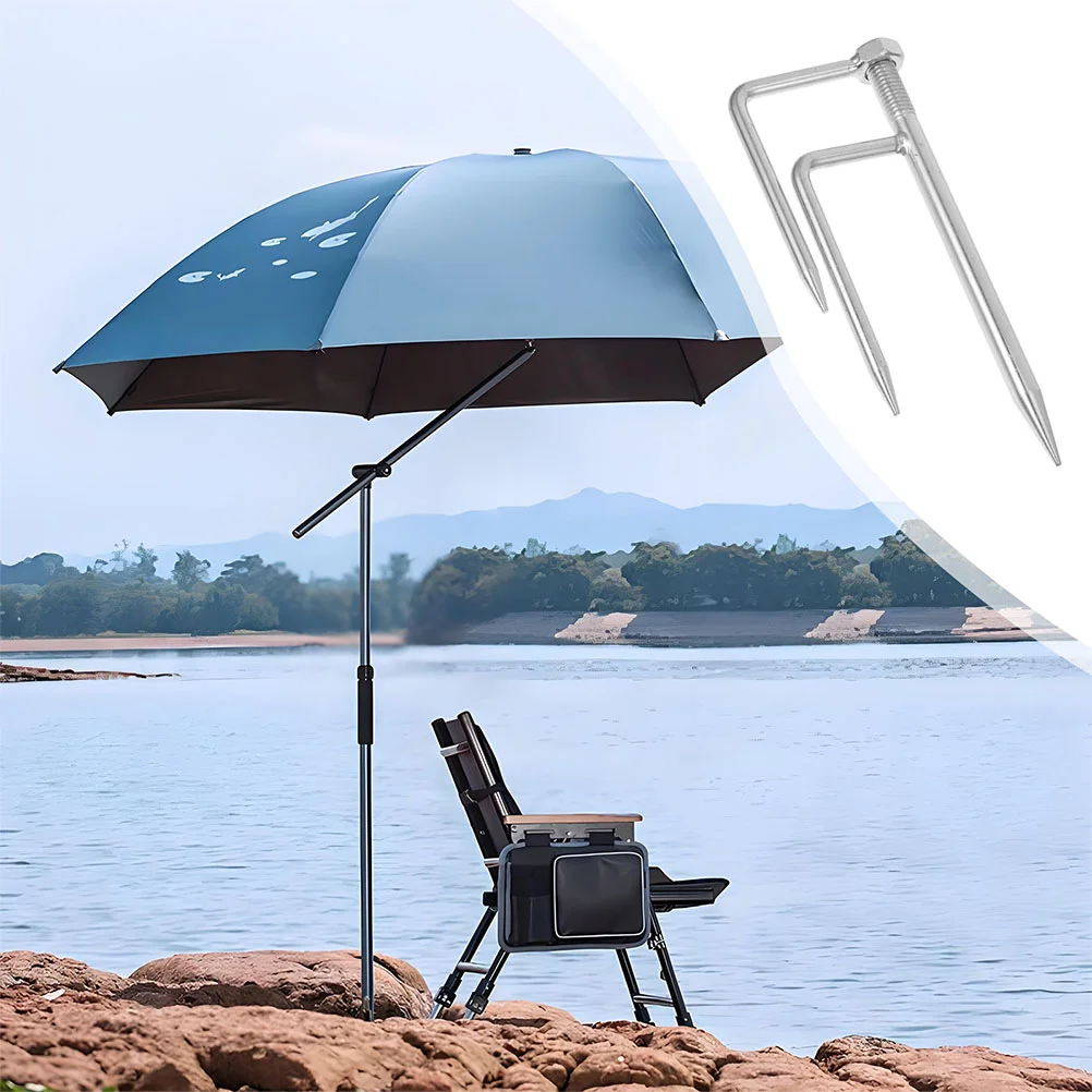 2 Pcs Beach Umbrella Fishing Ground Insert Stand Anchor Portable Outdoor Stakes for Grass Silver