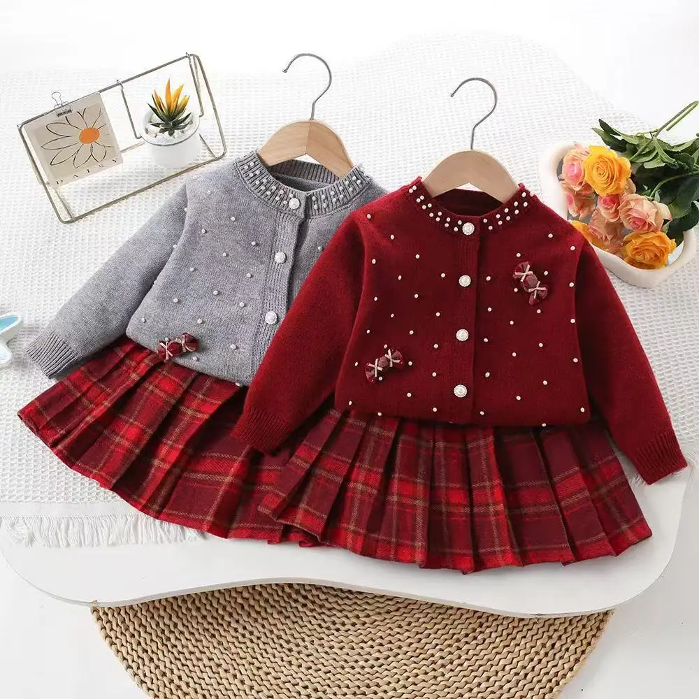 

Girls Knit Sweater Dress Set Winter New Candy Cardigan Korean Style Fashion Plaid Princess Outfit