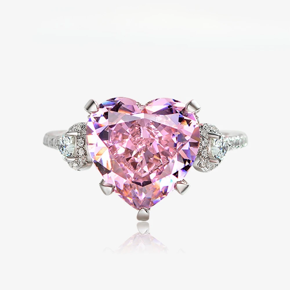 S925 Silver European and American Style 6ct Heart Shaped 12 * 12 Simulation Pink Diamond Luxury Ring New Wedding Jewelry