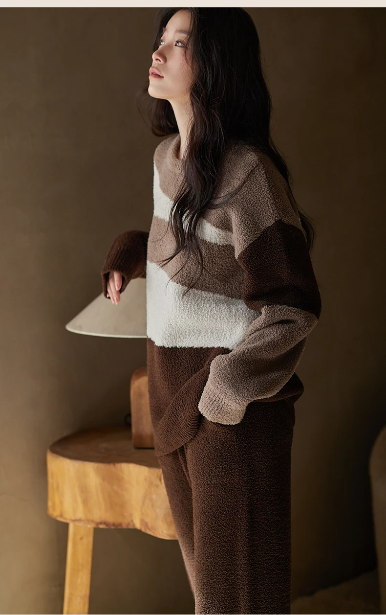 Новая осенне-зимняя женская домашняя одежда, модный и простой толстый теплый комплект одежды для сна с круглым вырезом