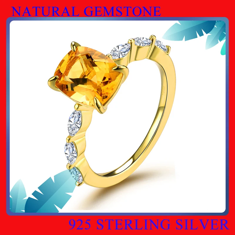 

Natural Citrine 925 Sterling Silver Wedding Rings Yellow Gold Genuine Girl Gifts