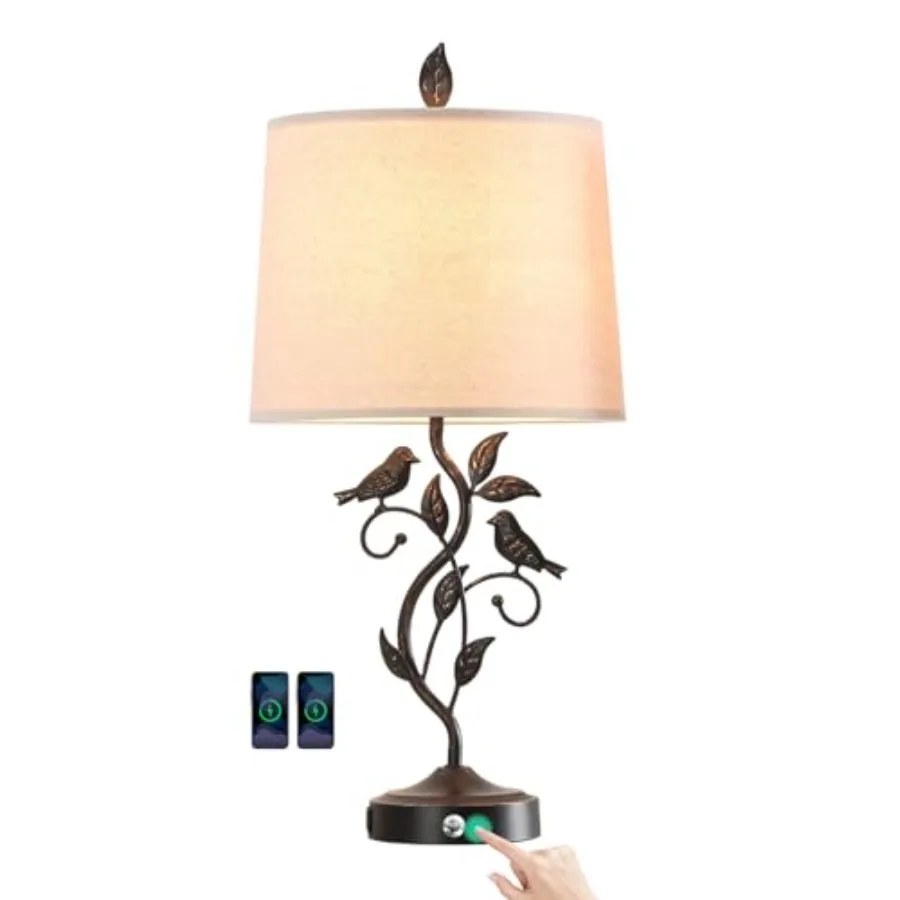 

27" Touch Farmhouse Table Lamps for Living Room with 3-Way Dimmable 2 USB Ports, Vintage Rustic Iron Leaf Nightstand Lamp for B