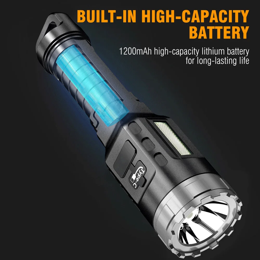 BORUiT Powerful LED Flashlight Type-c Rechargeable Power Bank Tactical Torch Waterproof Camping Emergency Lantern