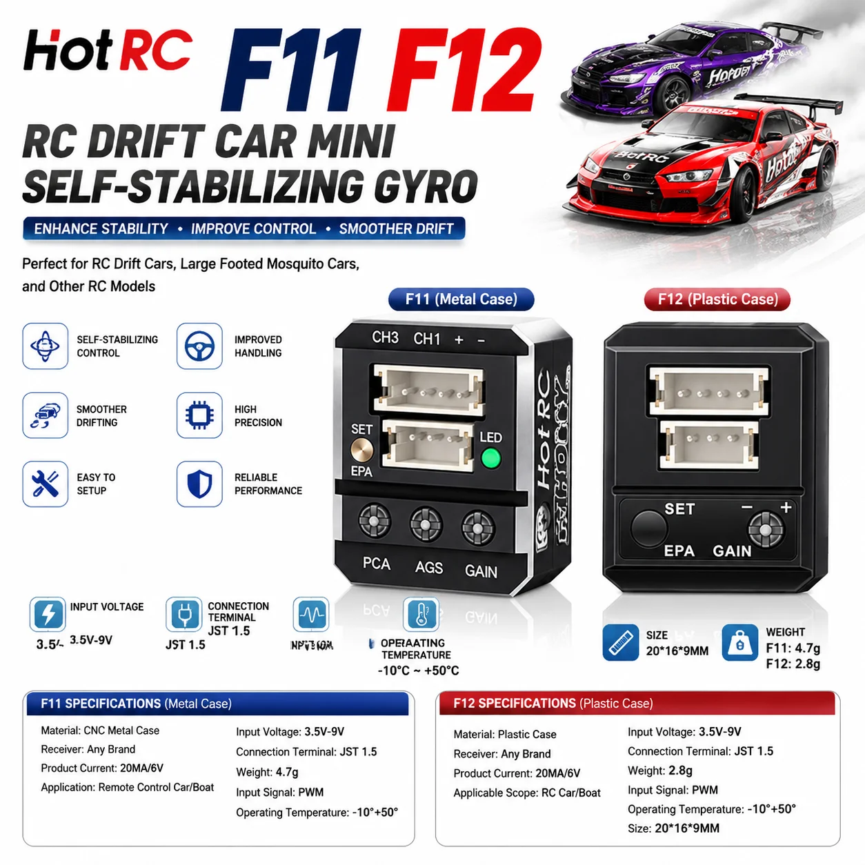 HOTRC F11 F12 Gyroscope RC Drift Car Mini Self-stabilizing Gyro for RC Large Footed Mosquito Cars Model Toy Parts Accessories