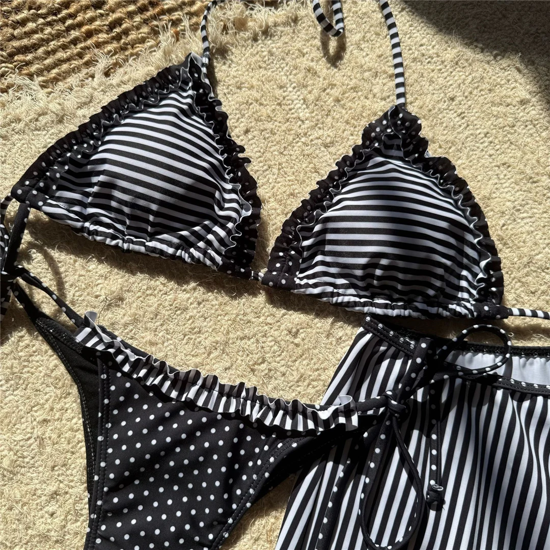 Neuer gestreifter Bikini mit Polka-Dot-Muster, Neckholder-Shorts, Damen-Badeanzug, dreiteiliges Bikini-Set, Badebekleidung, Badeanzug, Schwimmanzug V6384 – Detail 19